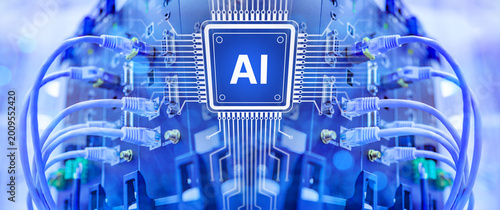 Obraz na plátně AI processor connects data cables inside server network infrastructure