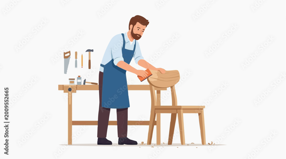 Fototapeta premium A dedicated craftsman meticulously refines wooden furniture, exemplifying precision and skill in his workshop.