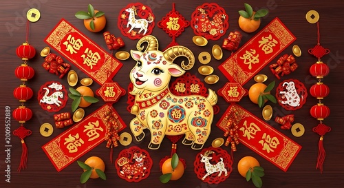 Chinese New Year goat decorations arrangement.