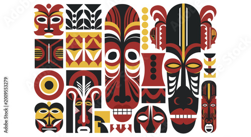 Foto Collection of Colorful Tribal Masks and Decorative Elements.
