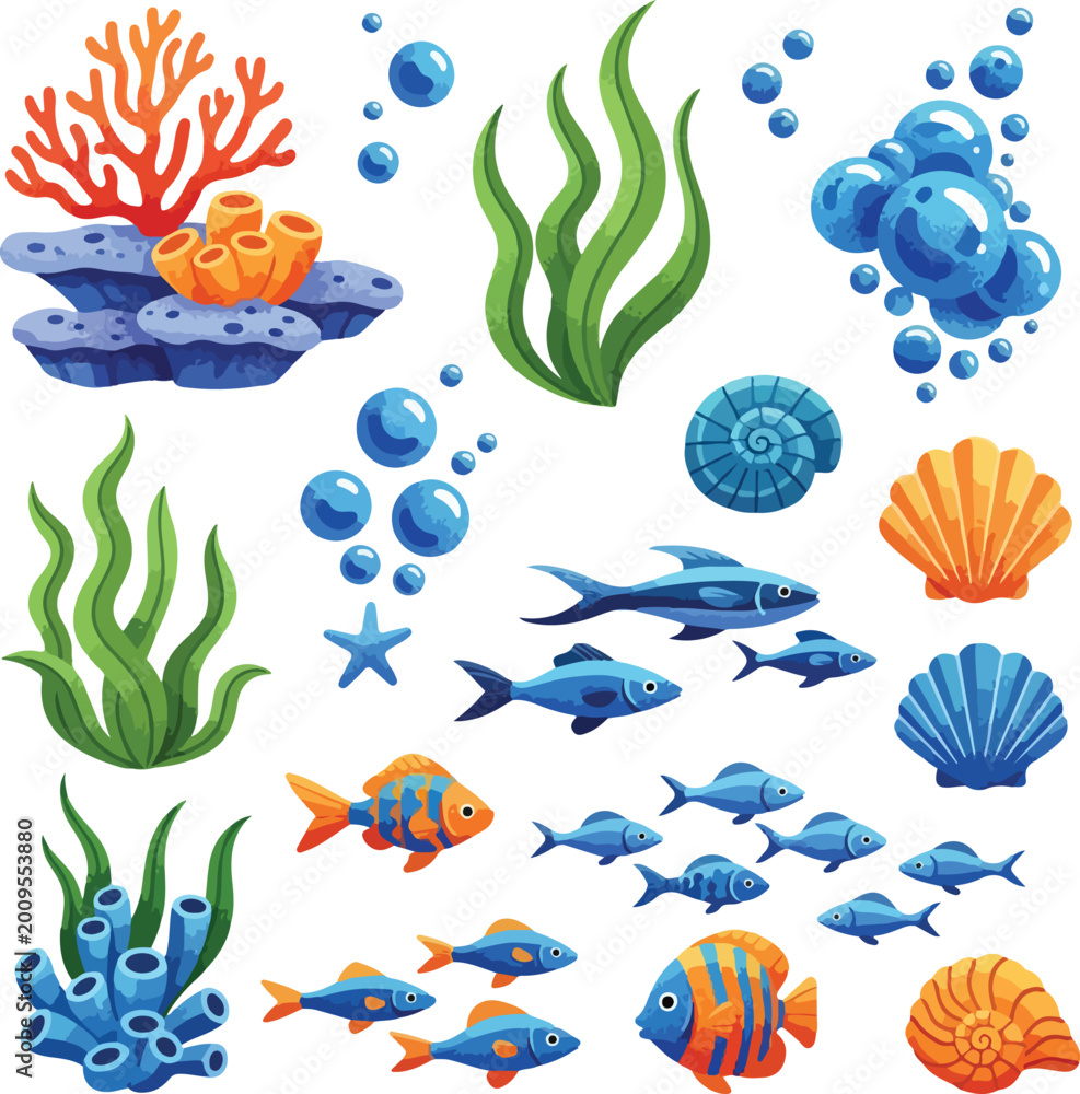 Obraz premium Underwater Life Collection with Colorful Fish, Coral Reefs, and Sea Shells Vector Illustration