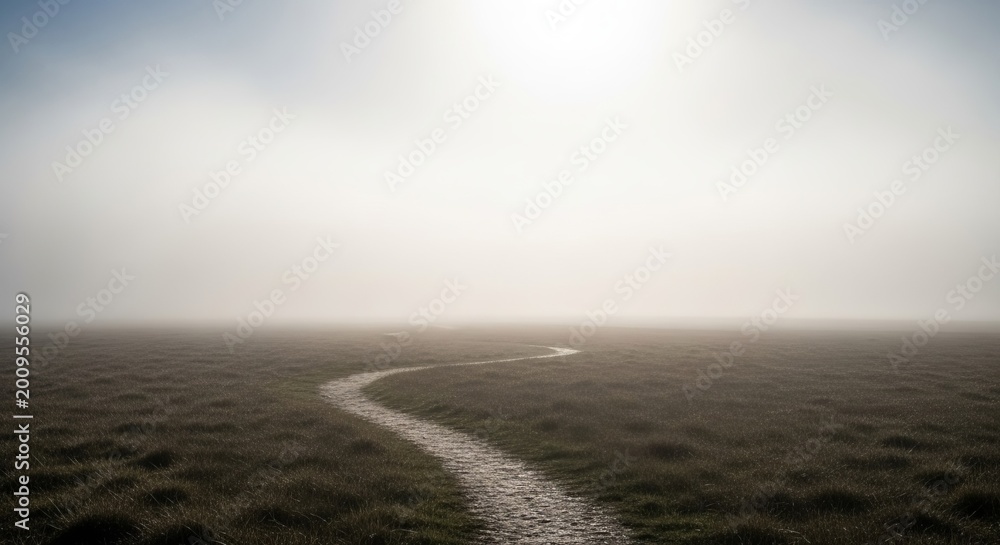 Obraz premium A winding cobblestone path disappears into a dense, ethereal fog across a vast, grassy field, evoking a sense of mystery and the unknown journey ahead.