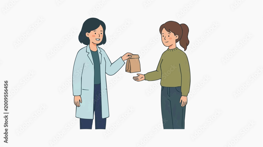 Fototapeta premium A healthcare provider offers a prescription bag to a patient, symbolizing medical care and wellness in a minimalist style.