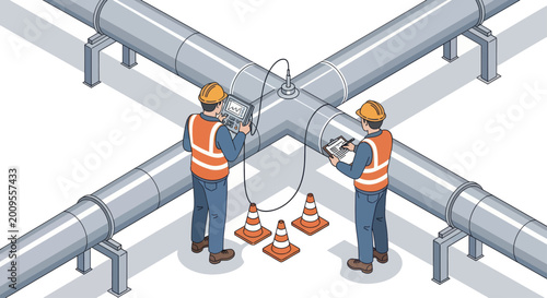 Workers inspecting industrial pipelines for maintenance and repair.