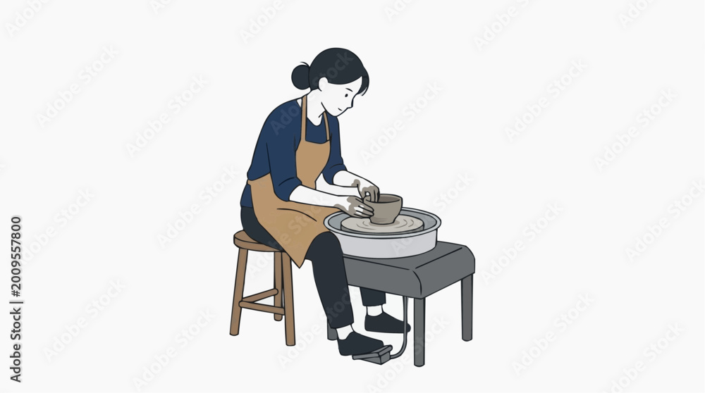 Fototapeta premium A dedicated artisan molds clay on a pottery wheel, a modern illustration.