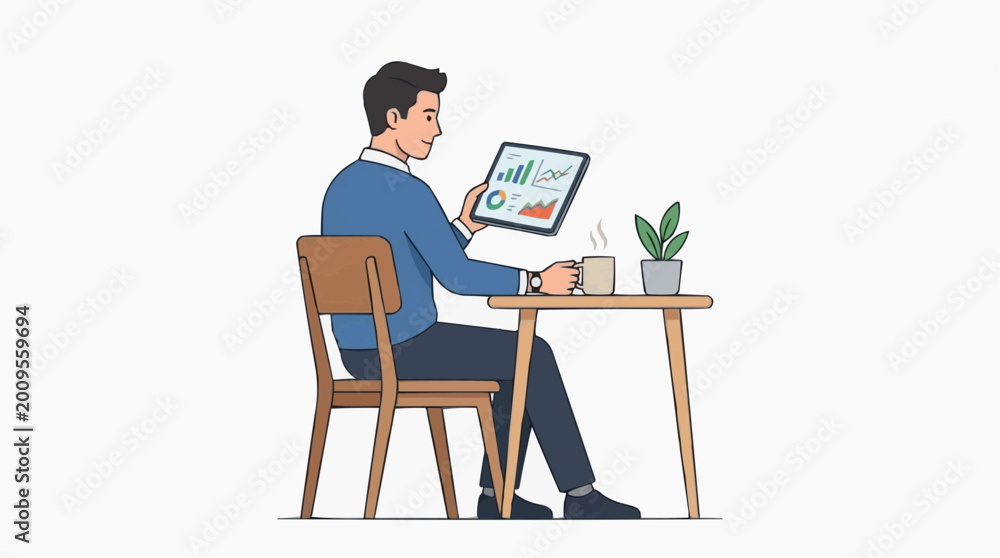 Fototapeta premium An illustration of a businessman analyzing data on tablet and enjoying coffee in his break time.