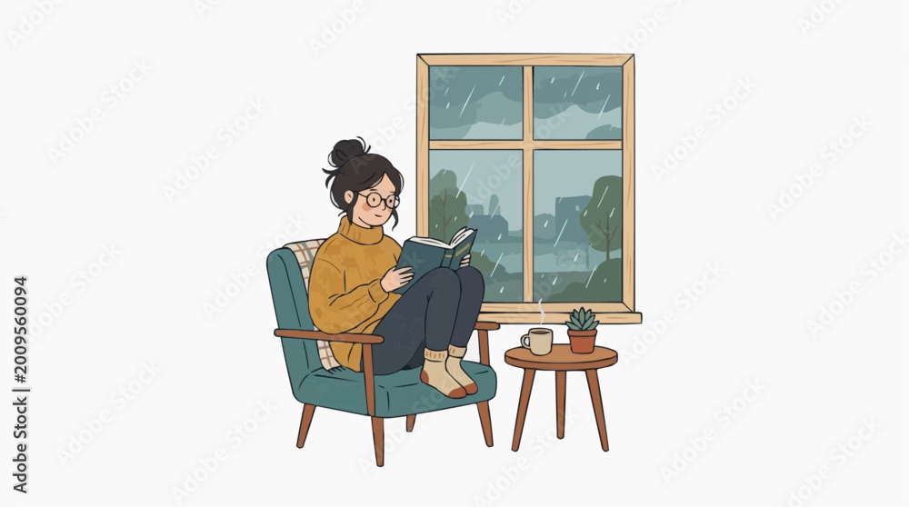 Fototapeta premium A tranquil scene unfolds as a person immerses themselves in a book, nestled comfortably in a cozy chair by a window, with the peaceful sound of raindrops outside.