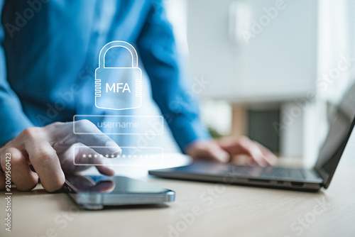 User verifying MFA login on smartphone with secure password screen and digital lock icon, representing two-factor authentication, OTP security, encrypted access, identity protection and cyber defense.