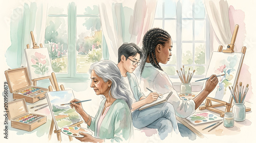 two women sitting at a table with paint and brushes