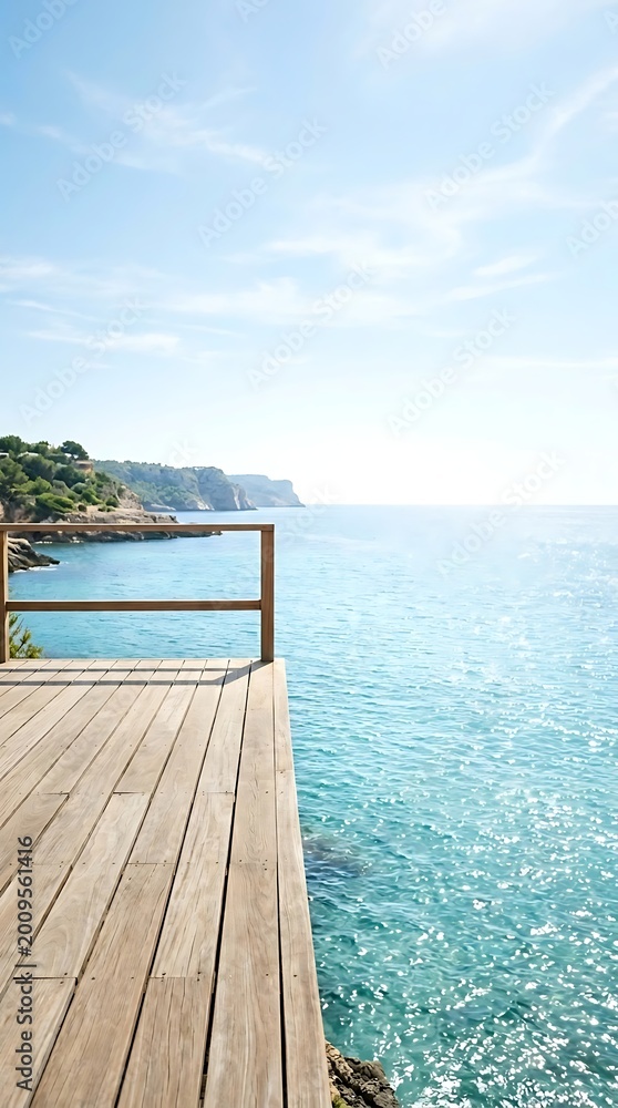Obraz premium Wooden deck overlooking a tranquil turquoise sea and rugged coastline under a clear blue sky on a sunny day