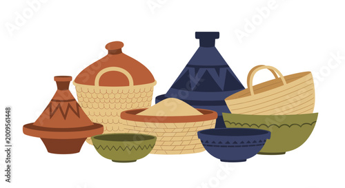 Photos Collection of traditional Moroccan pottery and woven baskets, handmade crafts