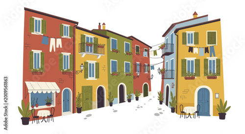 Fotografie Colorful European Street with Traditional Buildings and Charming Architecture