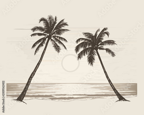 Palm trees and beach illustration vintage sepia toned style