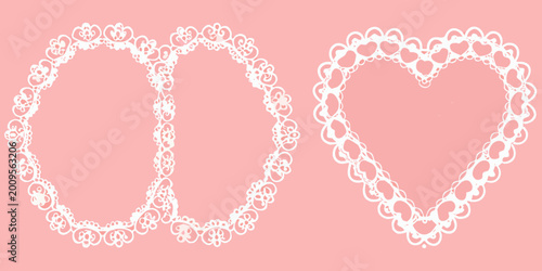 Photos ornate white heart and circle shaped frames on pink background