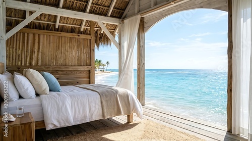 Tropical beach bedroom with ocean view and canopy bed offering serene luxury accommodation and a peaceful escape vacation