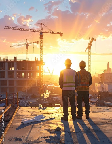 Two workers in hard hats watch a sunrise over a bustling construction site