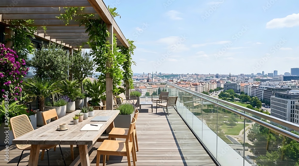 Fototapeta premium Modern Rooftop Terrace with Urban Cityscape View and Lush Greenery Perfect for Outdoor Meetings and Relaxation