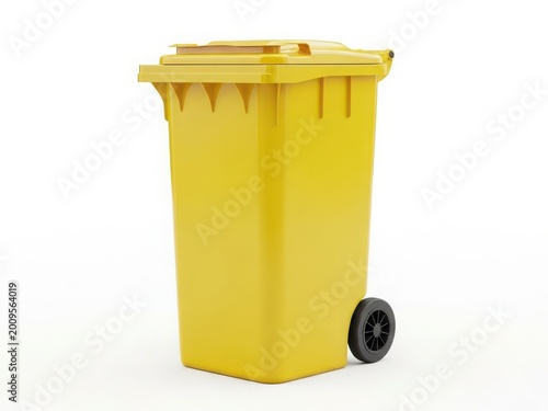 A bright yellow trash bin with wheels and a lid sitting on a white background