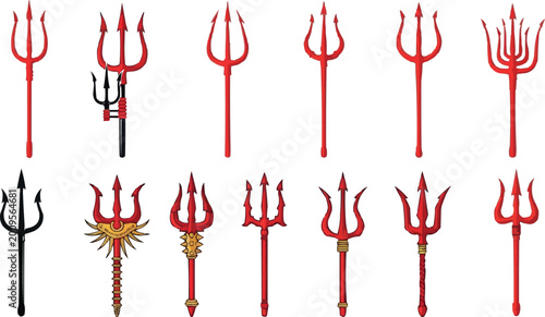 Schilderij op canvas Red Devil Trident Weapon Collection with Fantasy Demon Pitchfork Designs for Hal