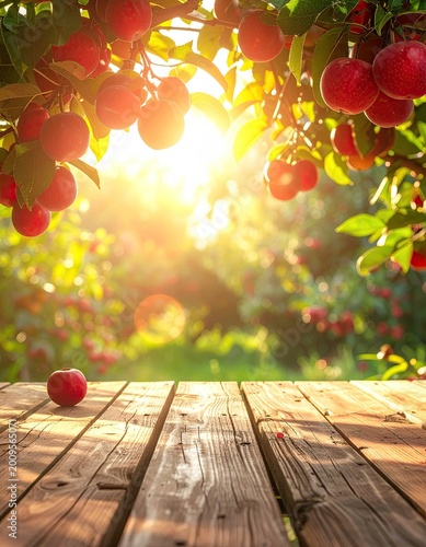 Sunlight streams through a ripe apple orchard onto a rustic wooden table