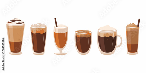Photos various coffee drinks in glasses and mugs vector illustration