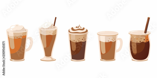 Tableau sur toile various iced coffee drinks in glasses vector illustration