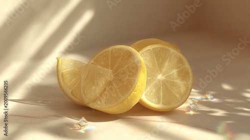 Fresh and Juicy Lemons on Neutral Background with Natural Light and Shadows for Healthy Lifestyle and Cooking Inspiration