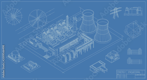 Blueprint of a Nuclear Power Plant with Cooling Towers and Turbines.