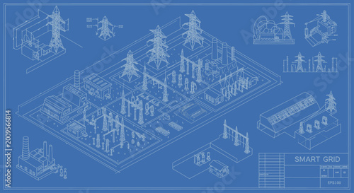 Blueprint of an Electrical Substation with Power Lines and Equipment.
