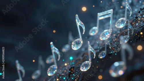 Abstract Glass Musical Notes Floating in Cinematic Dark Space