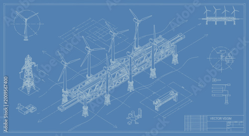 Blueprint of offshore wind farm with turbines and support structures.