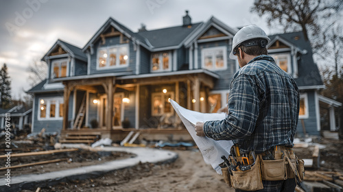 Construction worker with safety helmet and tool belt reviewing blueprints in front of large house under construction during dusk, showing focus and professionalism in residential building project