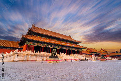 The Chinese Forbidden City in the evening and the beautiful sunset glow.