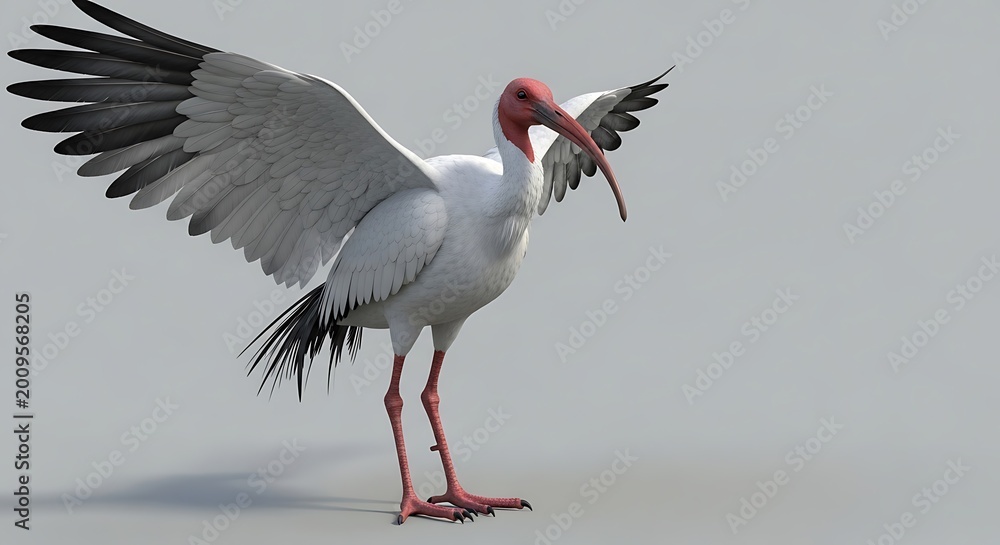Obraz premium Majestic stork standing with wings spread on a plain background