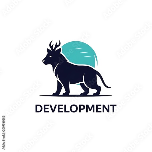 Stylized dark blue animal logo with antlers and feline body in front of a teal moon and the word DEVELOPMENT