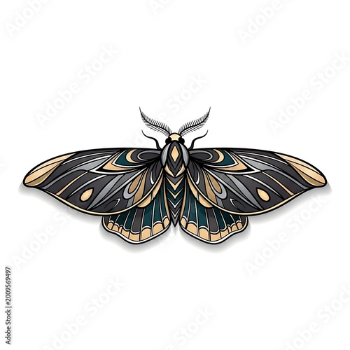 Stylized decorative moth illustration with intricate gold and teal wing patterns