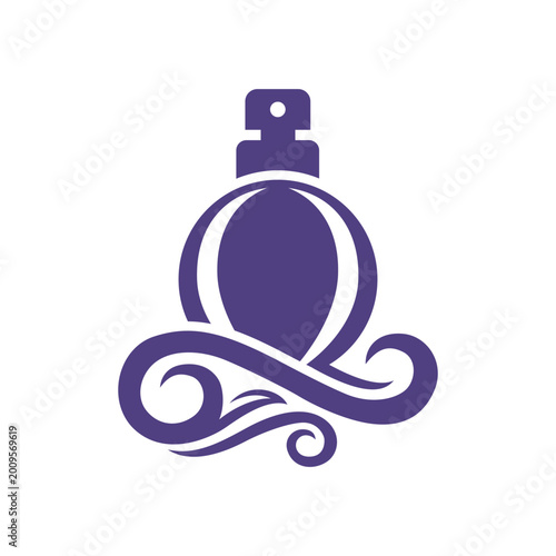 Parfume logo design, Elegant perfume bottle logo with artistic purple swirl accents, perfect for luxury beauty, fragrance, and cosmetic brands.