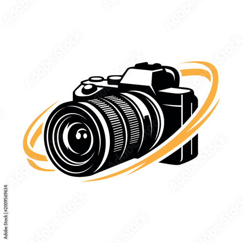 Professional modern camera logo design with dynamic orange swoosh for photography, photography logo design