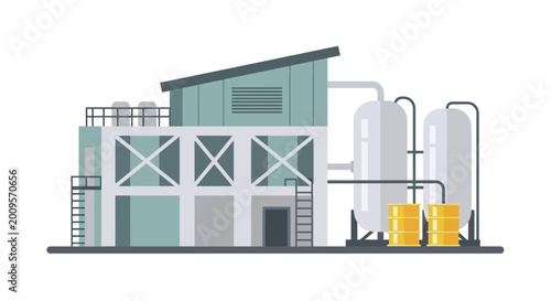 Modern Industrial Factory Building with Storage Tanks and Barrels.