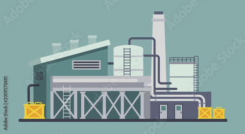 Modern Industrial Factory Building with Storage Tanks and Pipes.