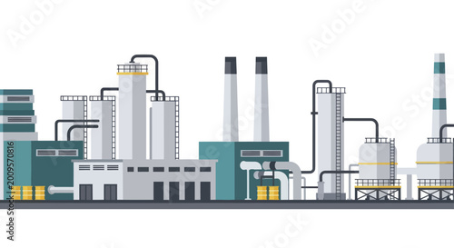 Modern Industrial Factory Complex with Tall Chimneys and Storage Tanks.