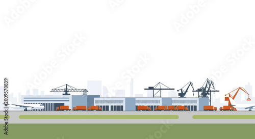 Modern Industrial Logistics Hub with Aircraft and Cranes.