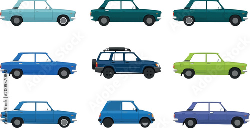 Photos Collection of Vintage Classic Cars and Compact Vehicles in Different Colors Isol