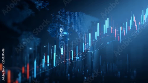 Abstract financial chart with glowing digital candlestick data points moving across dark screen representing stock market volatility investment analysis business growth and economic trends.