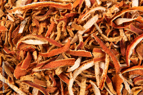 Dried orange peels creating textured background