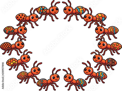 Foto Cute Ant Cartoon Circular Arrangement Illustration Set with Decorative Patterns