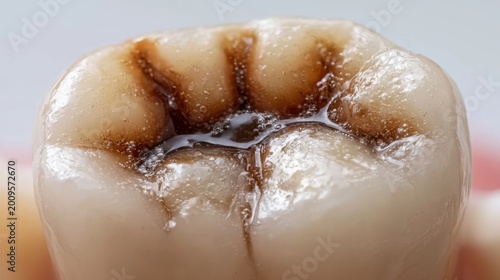Close-Up of a Decayed Tooth with Brown Staining Highlighting Dental Issues and Oral Health Concerns in a Macro Photography Style
