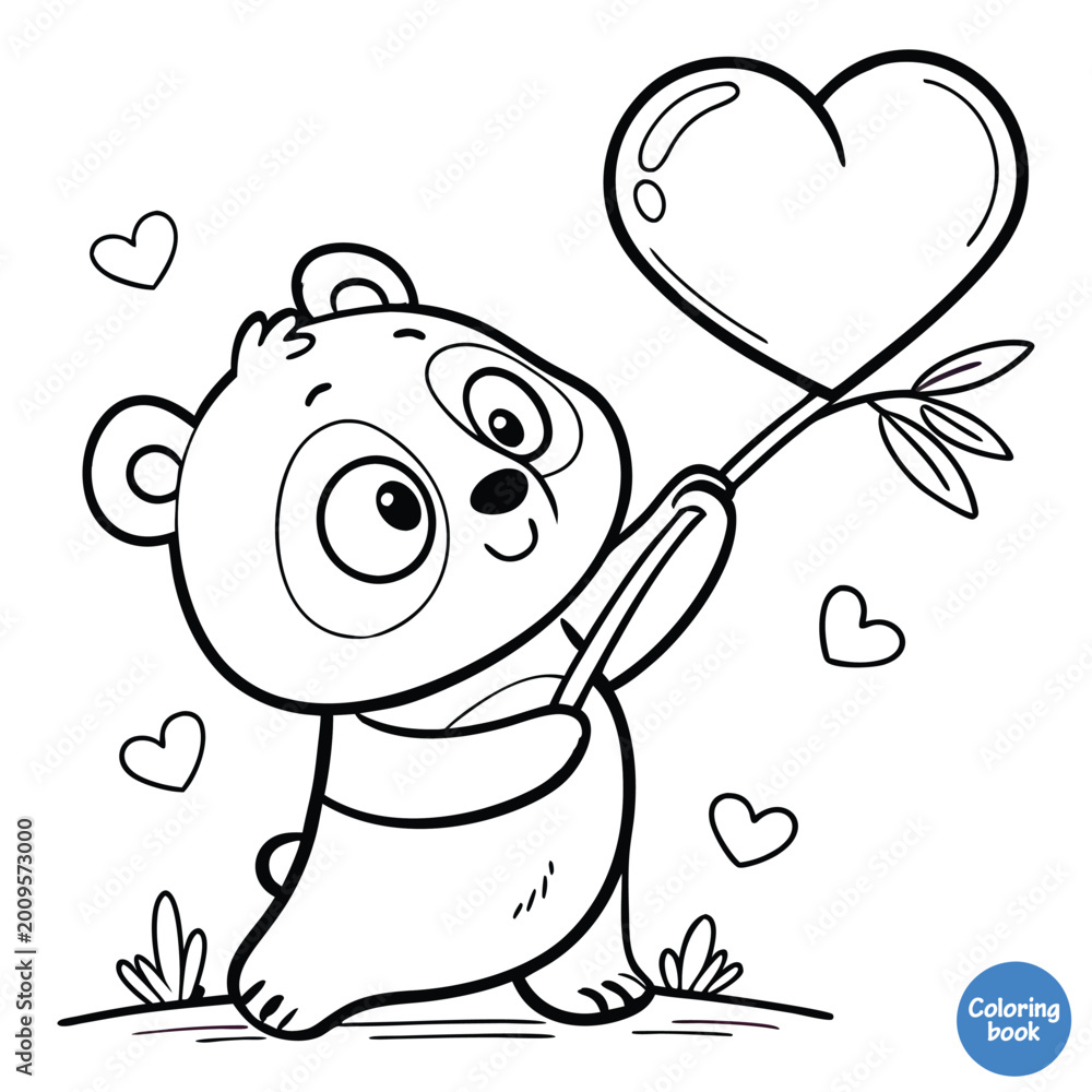 Fototapeta premium Cartoon Panda Holding Heart-Shaped Balloon – Cute Animal Outline Drawing for Kids Educational and Creative Love Coloring Projects
