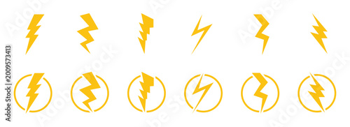 Golden lightning bolt icons set. Set lightning bolt. Creative vector illustration of thunder and bolt lighting flash icon collection design. Vector illustration.