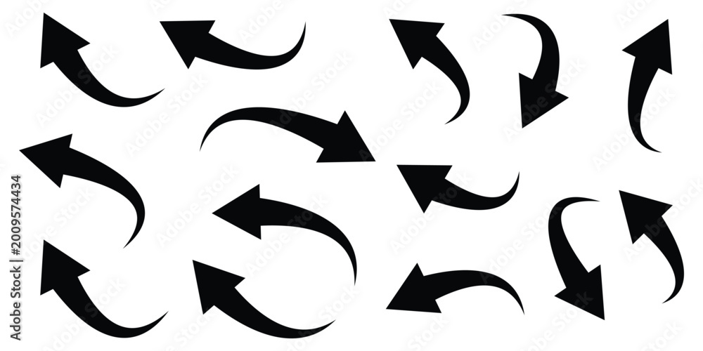 Fototapeta premium Vector arrow icon set for design and navigation purposes. Various black curved arrow icons and a circular refresh reload symbol vector set. Vector illustration.